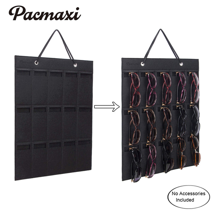 PACMAXI Sunglasses Storage Organizer, Wall Pocket Mounted by Sunglasses, Hanging Eyeglasses Storage Holder, Eyewear Display. (brown + black, 15 Slot)