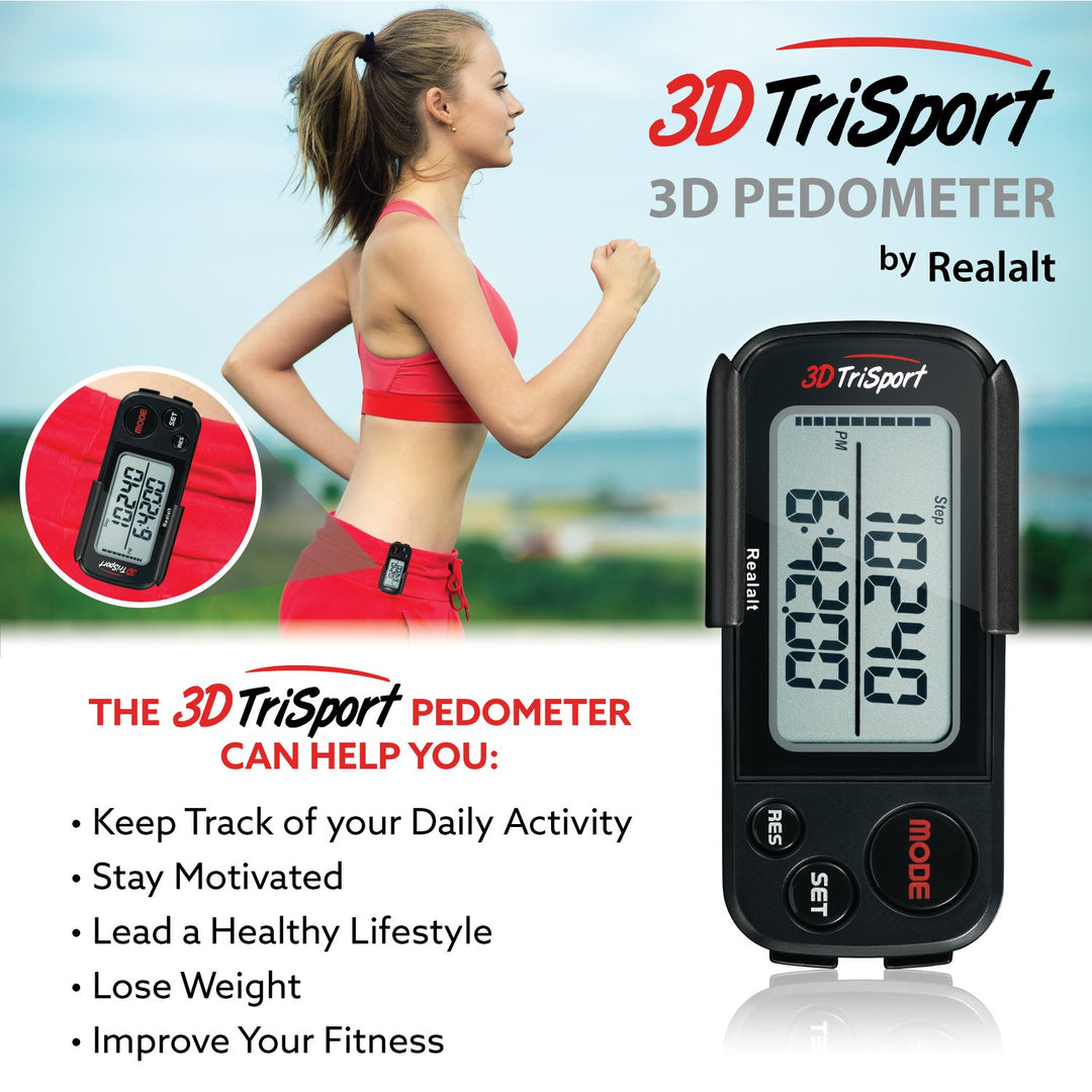 3DTriSport Walking 3D Pedometer with Clip and Strap, Free eBook | 30 Days Memory, Accurate Step Counter, Walking Distance Miles/Km, Calorie Counter (Stealth Black, 3 L x 1.3 W x 0.4 H)