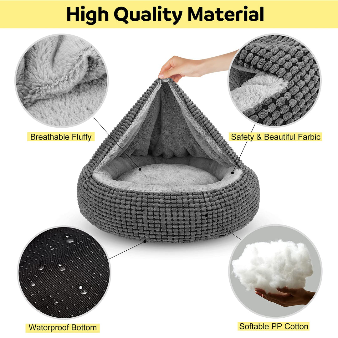 Small Dog Bed with Attached Blanket, Cozy Donut Cuddler Anti-Anxiety Hooded Pet Beds Calming Cave Bed. Orthopedic Round Puppy Beds for Dogs or Cats Washable, Anti-Slip Bottom, 23inch