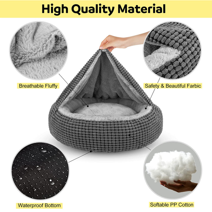 Small Dog Bed with Attached Blanket, Cozy Donut Cuddler Anti-Anxiety Hooded Pet Beds Calming Cave Bed. Orthopedic Round Puppy Beds for Dogs or Cats Washable, Anti-Slip Bottom, 23inch