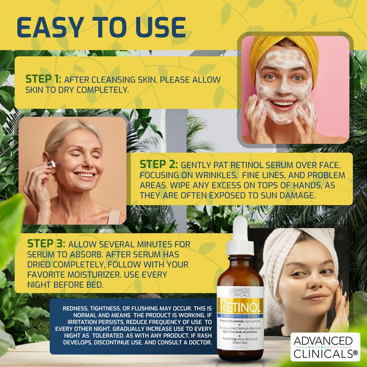 Advanced Clinicals Retinol Serum For Face | Resurfacing Retinol Serum Concentrate Skin Care Moisturizer | Anti Aging Renewing Facial Serum For Wrinkles, Fine Lines, & Uneven Skin Tone, 1.75 Fl Oz