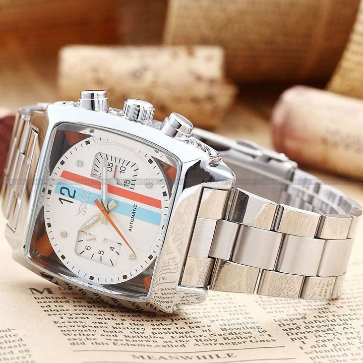 Mens Outdoor Sports Automatic Mechanical Analog Date Day Army Silver Stainless Steel Wrist Watch