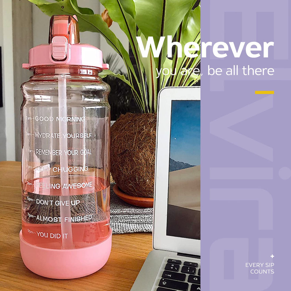 Half Gallon/64oz Motivational Time Marker Water Bottle with Straw & Protective Silicone Boot, BPA Free Anti-Slip Leakproof for Fitness, Gym and Outdoor Sports