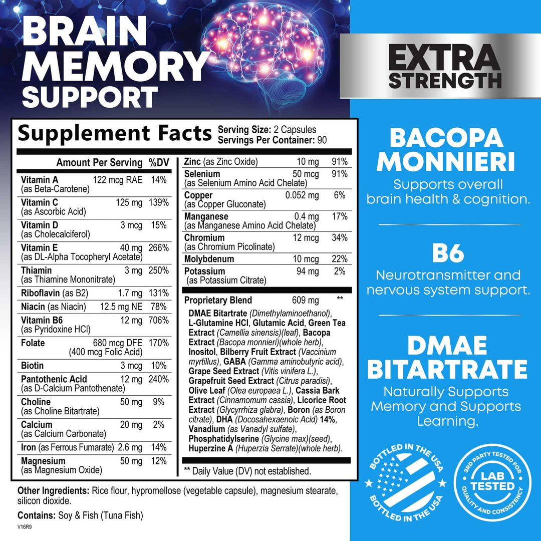 Brain Supplements for Memory and Focus - 40 Nootropics &amp; Vitamins to Support Mental Alertness, Clarity &amp; Concentration, Brain Health Cognitive Memory Pills, B6, B12, Phosphatidylserine - 180 Capsules