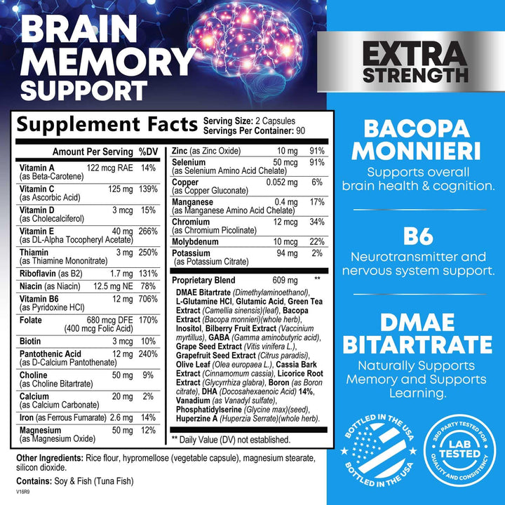 Brain Supplements for Memory and Focus - 40 Nootropics &amp; Vitamins to Support Mental Alertness, Clarity &amp; Concentration, Brain Health Cognitive Memory Pills, B6, B12, Phosphatidylserine - 180 Capsules