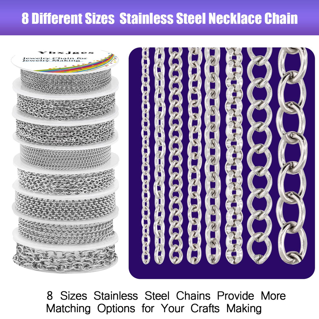 Necklace Chains for Jewelry Making, 65 Feet Stainless Steel Jewelry Chain with Stainless Steel Jump Rings Stainless Steel Lobster Clasps for Bracelet Necklace Jewelry Making (8 Sizes)