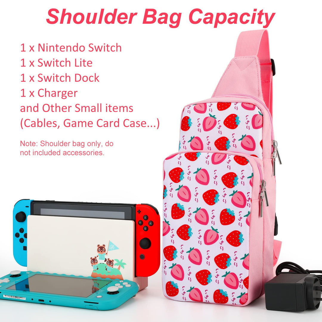 Cute Travel Bag for Nintendo Switch/ Lite / OLED, Portable Small Pink Strawberry Shoulder Carrying Storage Backpack for NS Consolo, Charging Dock, Joy-Cons, Accessories for Women Grils