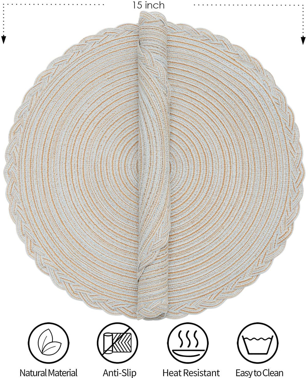 Round Braided Placemats, Set of 6 Table Place Mats for Round Dining Tables, 15 inches Round Placemat, Place Mat Round Table Mats (Black)