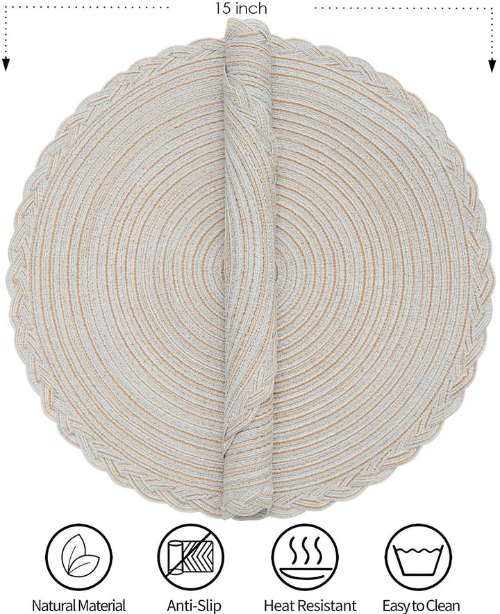 Round Braided Placemats, Set of 6 Table Place Mats for Round Dining Tables, 15 inches Round Placemat, Place Mat Round Table Mats (Black)