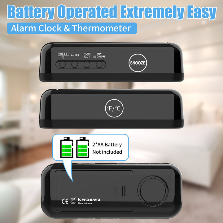 2 in 1 Alarm Clock, Indoor Thermometer, Digital Clock,Turn it Over, Temperature Display, 12/24Hr, °C / °F, Adjustable Brightness, Snooze, Battery Operated, Travel Clock, Alarm Clock for Bedroom