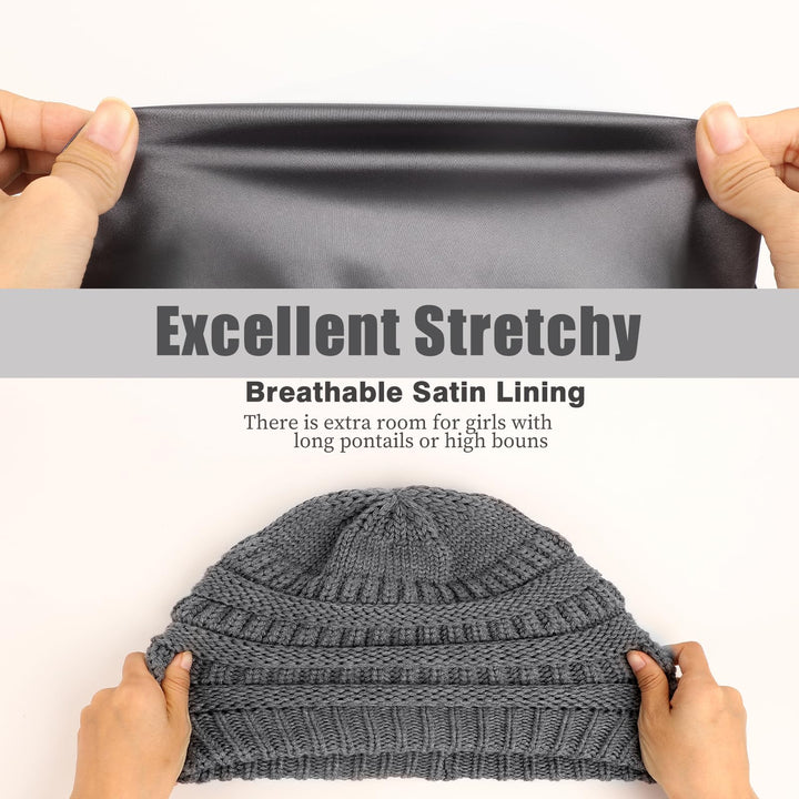 Womens Satin Lined Winter Beanie Hats Cable Knit Beanie for Men Silk Lining Thick Chunky Cap Soft Slouchy Warm Hat Dark Grey