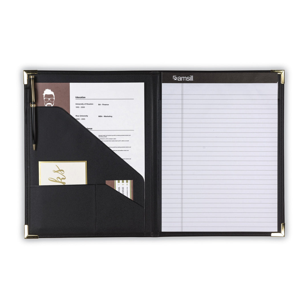 Samsill Classic Collection Business Portfolio/Resume Portfolio with Brass Corners, Letter Size Lined Writing Pad, Black