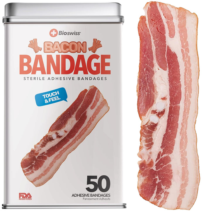 BioSwiss Novelty Bandages Collectable Tin, Self-Adhesive Funny First Aid Bandages, Novelty Gag Gift (Bacon)