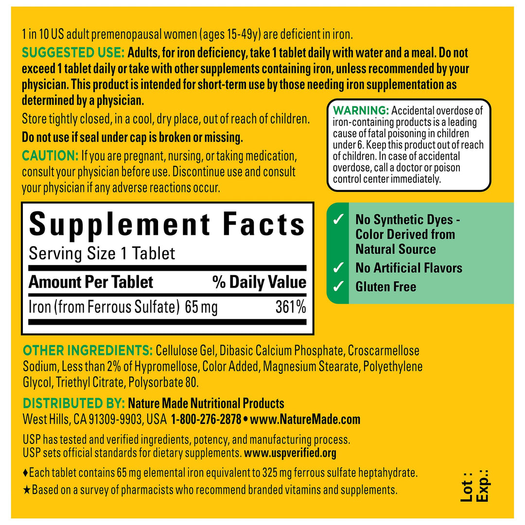 Nature Made Iron 65 mg (325 mg Ferrous Sulfate) Tablets, Dietary Supplement for Red Blood Cell Support, 180 Tablets, 180 Day Supply