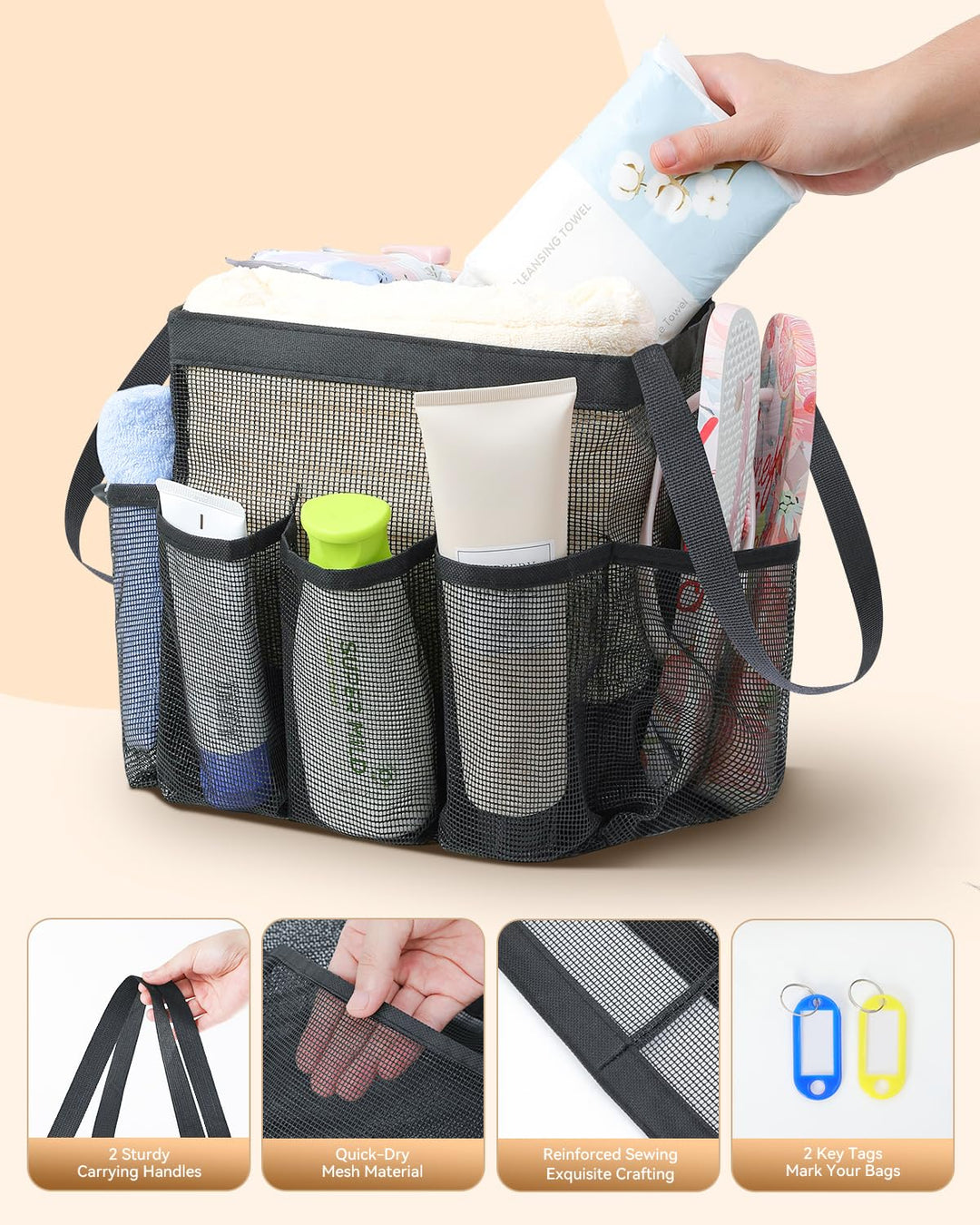 Mesh Shower Caddy Tote, Large Shower Caddy Basket Portable, Quick Dry Hanging Toiletry Bag, 8 Storage Pocket Handle Bath Organizer for College Dorm, Gym, Camp, Travel