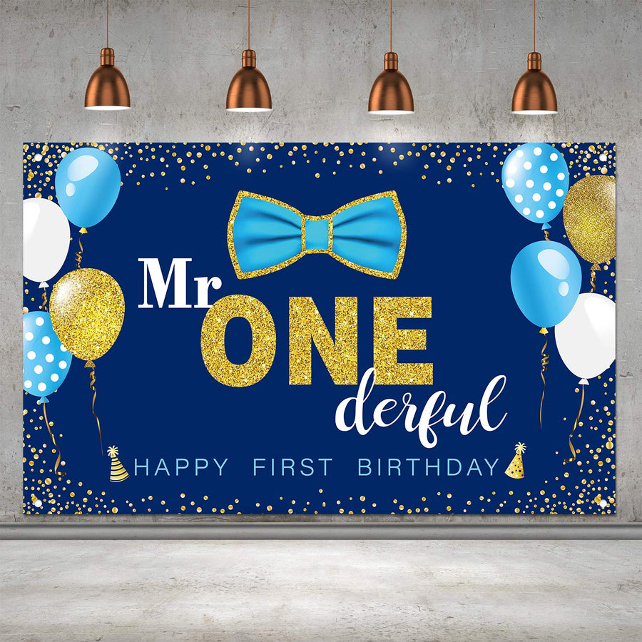 Mr. Onederful Birthday Party Decorations for Boys Happy 1st Birthday Banner Backdrop Large First Birthday Cake Table Decor Mr One Party Favor Supplies (Blue and Gold)