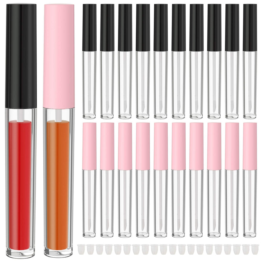 Set of 20 Refillable Lip Gloss Bottles with Rubber Inserts,Empty Lip Gloss Tubes Containers (Pink+Black)