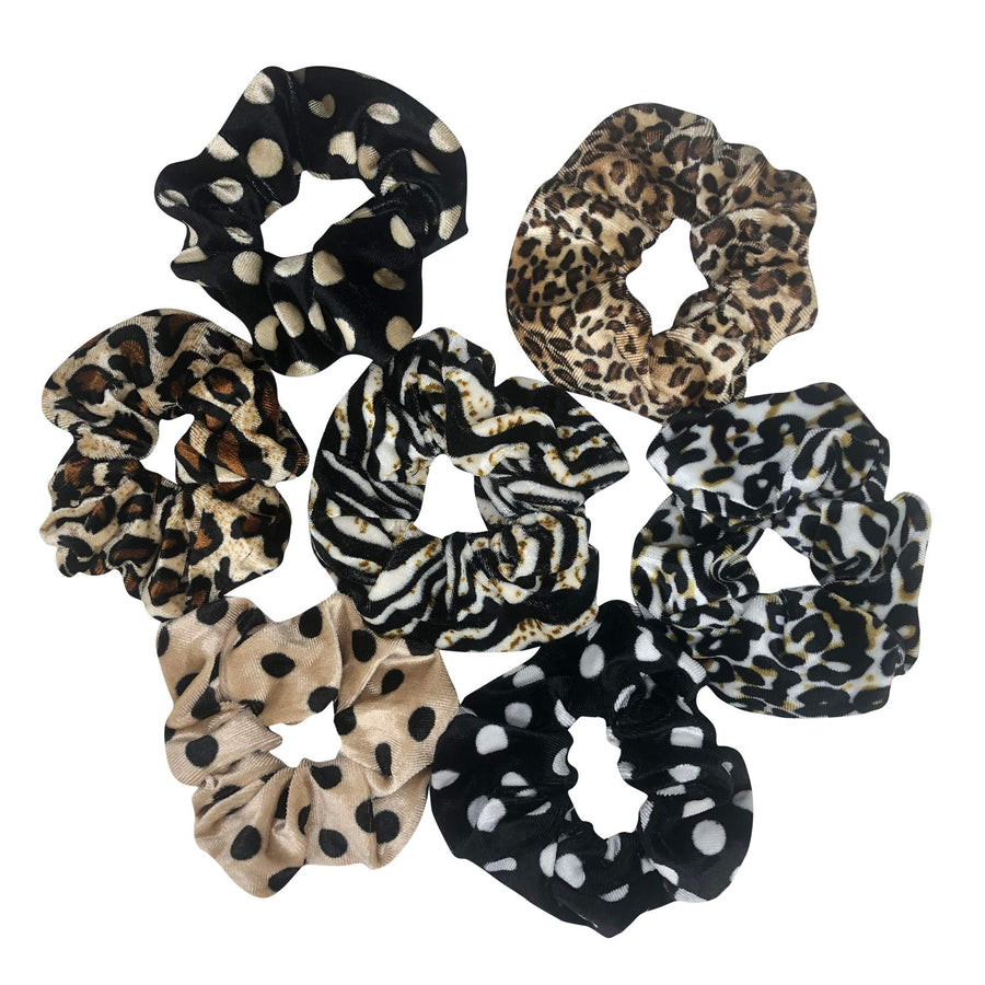 7 Pack Polka Dots Leopard Print Hair Scrunchies Long Hair Hair Eleastic Bands Scrunchy Hair Ties Ropes Ponytail Holders Cloth Bands Sleep, Shower or Make up Scrunchie for Girls and Women