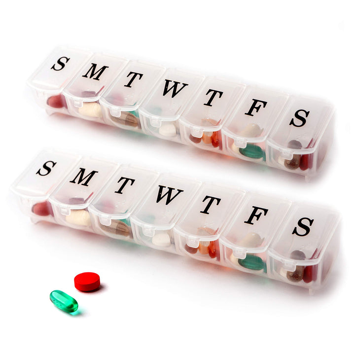 Pill Organizer Box Case, 7 Daily Container compartments, Weekly dosis Boxes, Medicine Holder, Ideal for Medication, Vitamin, Supplement, Perfect for Travel, Ideal for Purse BS0090J