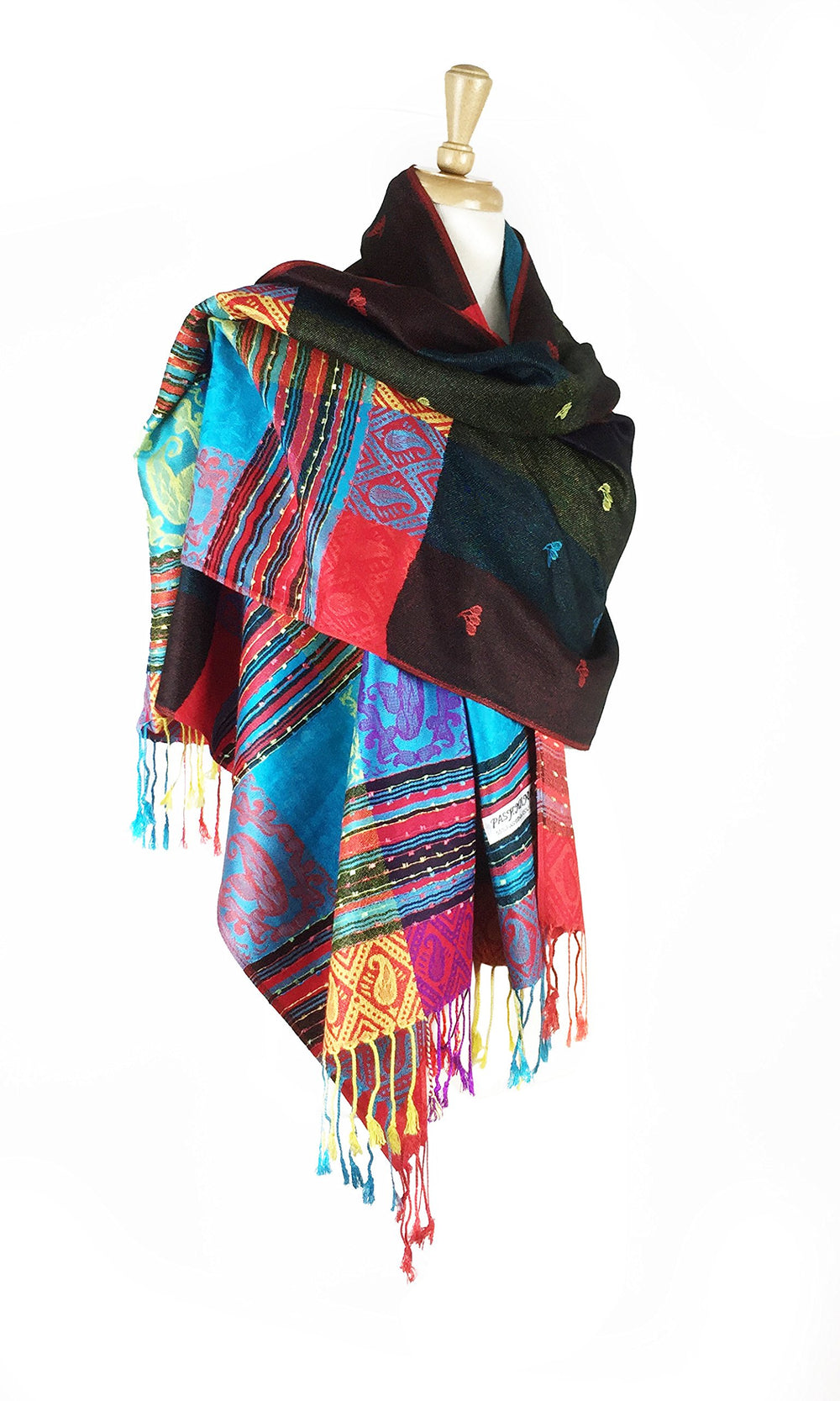 Double Side Rainbow Silky Tropical Colorful Exotic Pashmina Wrap Shawl Scarf (056#9black)