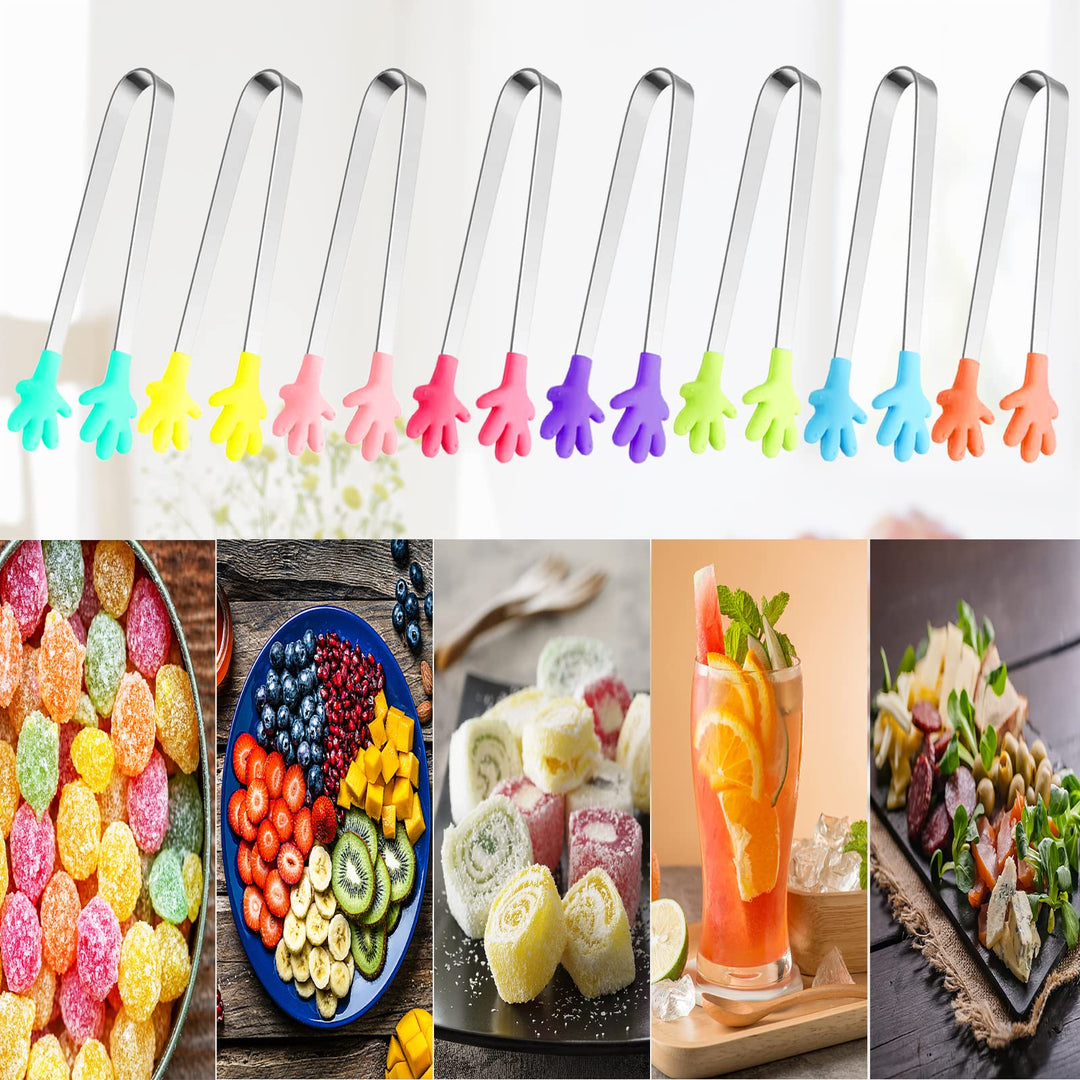 8PCS Silicone Mini Tongs, 5Inch Hand Shape Food Tongs, Colourful Small Kids Tongs for Serving Food, Ice Cube, fruits, Sugar, Barbecue (Palm sharp)