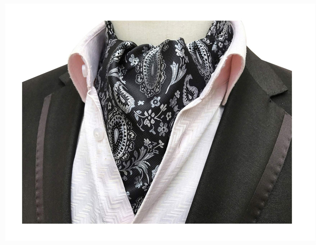 Elfeves Men&#39;s Black Sliver Floral Silk Cravat T