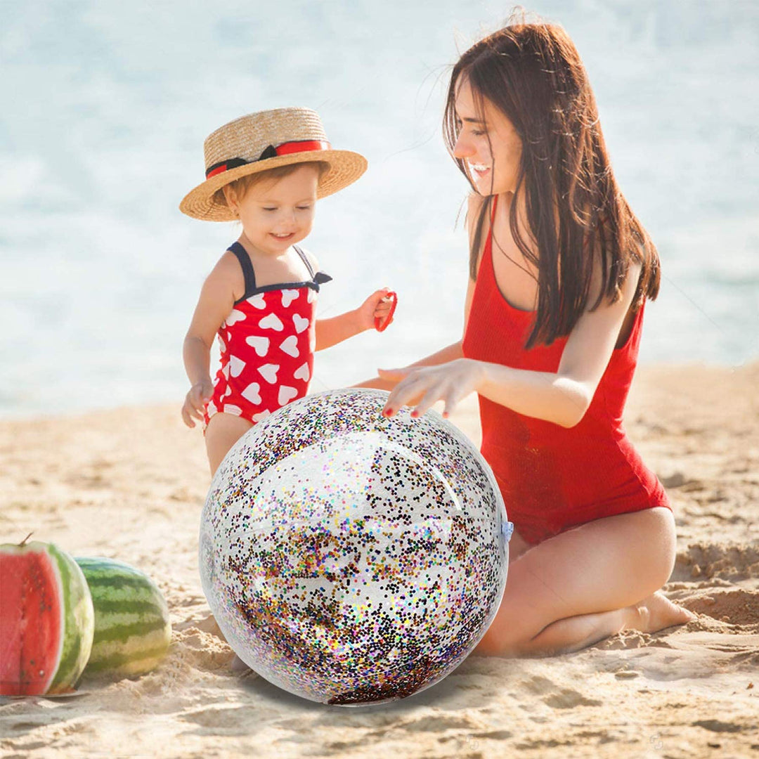 5 Pack Sequins Beach Ball Jumbo Pool Toys Balls 16 Inch 24 Inch Giant Confetti Glitters Inflatable Clear Beach Ball Swimming Pool Water Beach Toys Outdoor Summer Party Favors for Kids Adults