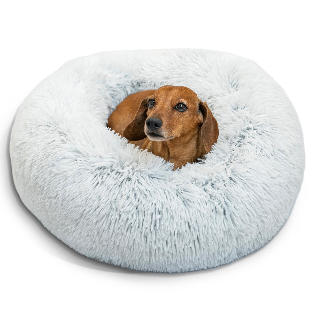 The Original Calming Donut Dog and Cat Bed in Shag Fur, Frost Gray, Small, 23x23