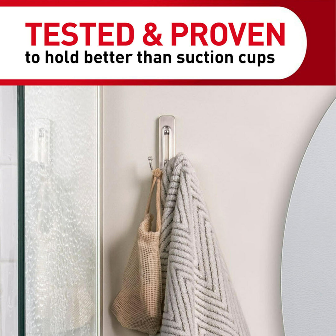 Large Double Bathroom Wall Hook, Damage Free Hanging Bath Hook with Adhesive Strip, Double Hook for Hanging Bath Towels, 1 Satin Nickel Colored Wall Hook and 1 Water-Resistant Strip