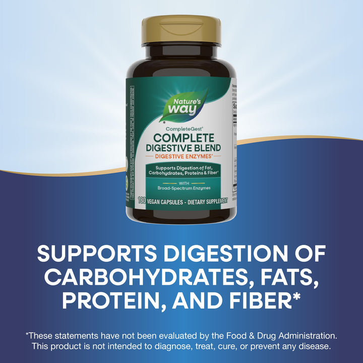 Nature&#39;s Way CompleteGest, Complete Digestive Blend, Vegan Enzymes, Supports Digestion of Fat, Carbohydrates, Proteins &amp; Fiber*, 180 Capsules (Packaging May Vary)