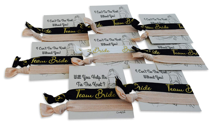 Hair Ties for Bridesmaids Gifts &amp; 2 Sides Proposal Cards to Ask Bridesmaids, Matron &amp; Maid of Honors or Flower Girl | 7 Black &#39;Team Bride&#39; &amp; 1 White &#39;Bride&#39; in Gold Foil Letters &amp; 8 Nude Blank Ties.