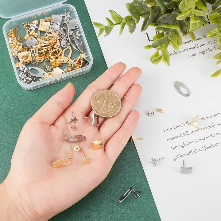 60pcs Earring Posts Golden Silver Ear Pad Base Posts with Holes 3 Style Earring Post 304 Stainless Steel Earring Studs with Ear Nuts for DIY Earrings Craft Making Supplies