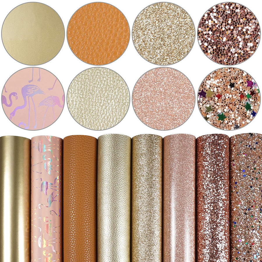 8 Pieces 8x12 Inch Faux Leather Sheets Champagne Gold Fine Chunky Glitter Patent Metallic Litchi Flamingo Pattern Leather Fabric for Bows Earrings Making