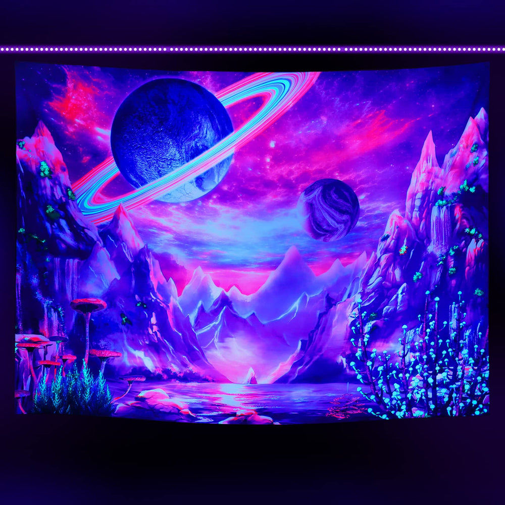 Blacklight Planet Tapestry UV Reactive Galaxy Space Tapestry Mountain Black light Tapestries Neon Aesthetic Tapestry for Bedroom Living Room (Blacklight Planet, 39.4 × 52.4 inches)