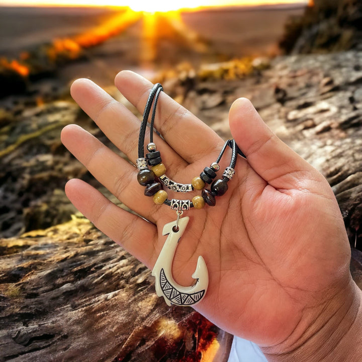 White Hawaiian Fish Hook Pendant Necklace Hemp Cord Chain - Maori Tribal Necklace - Adjustable Black Cord