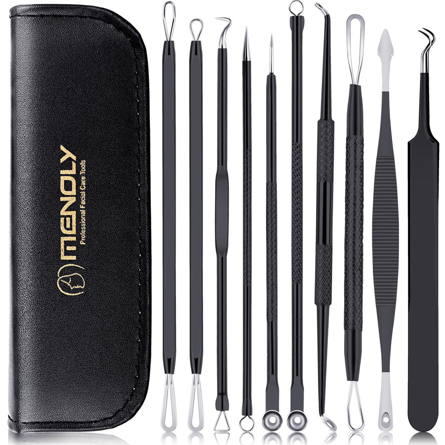 Pimple Popper Tool Kit 10 Pcs, Newest Blackhead Remover Pimple Comedone Extractor Tools for Easy and Fast Removal of Blackheads, Pimples and Blemish on Face, with Elaborate Leather Bag