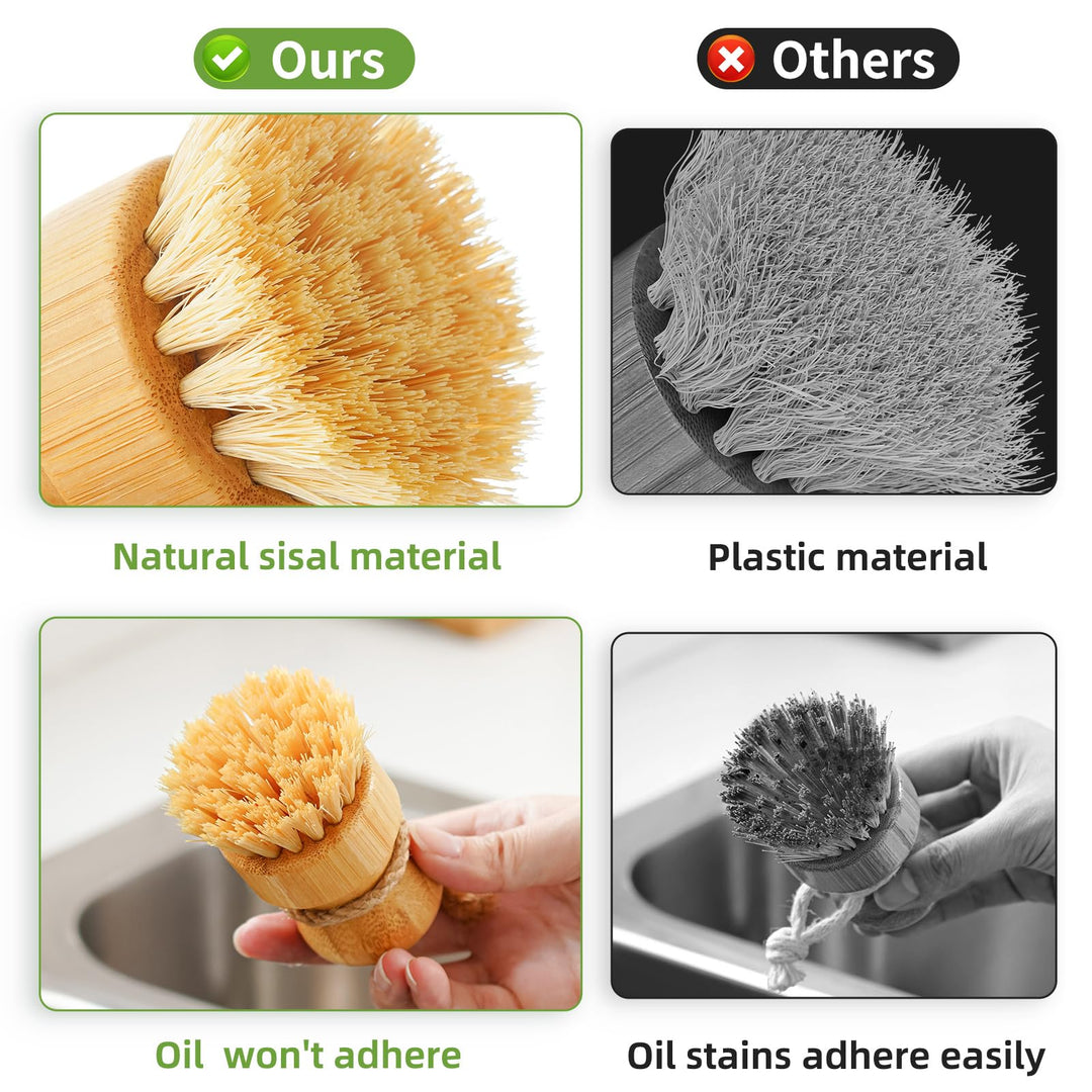 Bamboo Dish Scrub Brush for Kitchen Sink, Natural Wooden Washing Dish Brush Scrubber, Sisal Bristles Brush for Household Cleaning Cast Iron Brush Pots, Pans and Vegetables