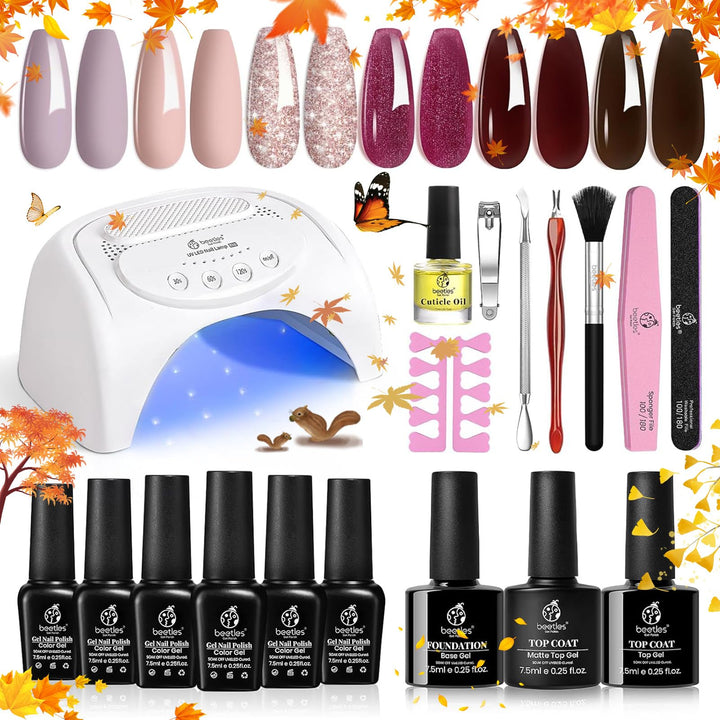 Beetles Gel Nail Polish Kit with 48W U V Nail Lamp, 6 pcs Blue White Nude Pink Glitter Gel Polish Set Base Gel Top Coat DIY Decorations Manicure Gifts Light Pink Gel Nail Polish for Women