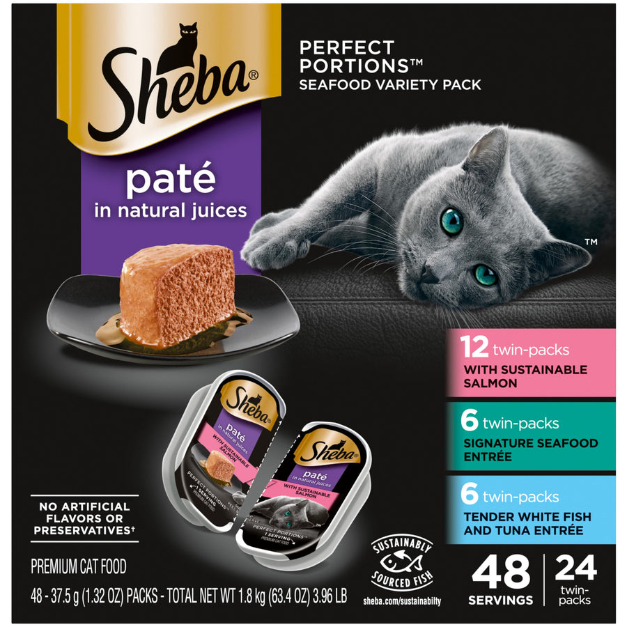 Perfect Portions Wet Cat Food Pate With Sustainable Salmon, Signature Seafood Entree, and Tender White Fish and Tuna Entree Variety Pack, 2.6 oz. Twin Pack Trays (24 Count, 48 Servings)