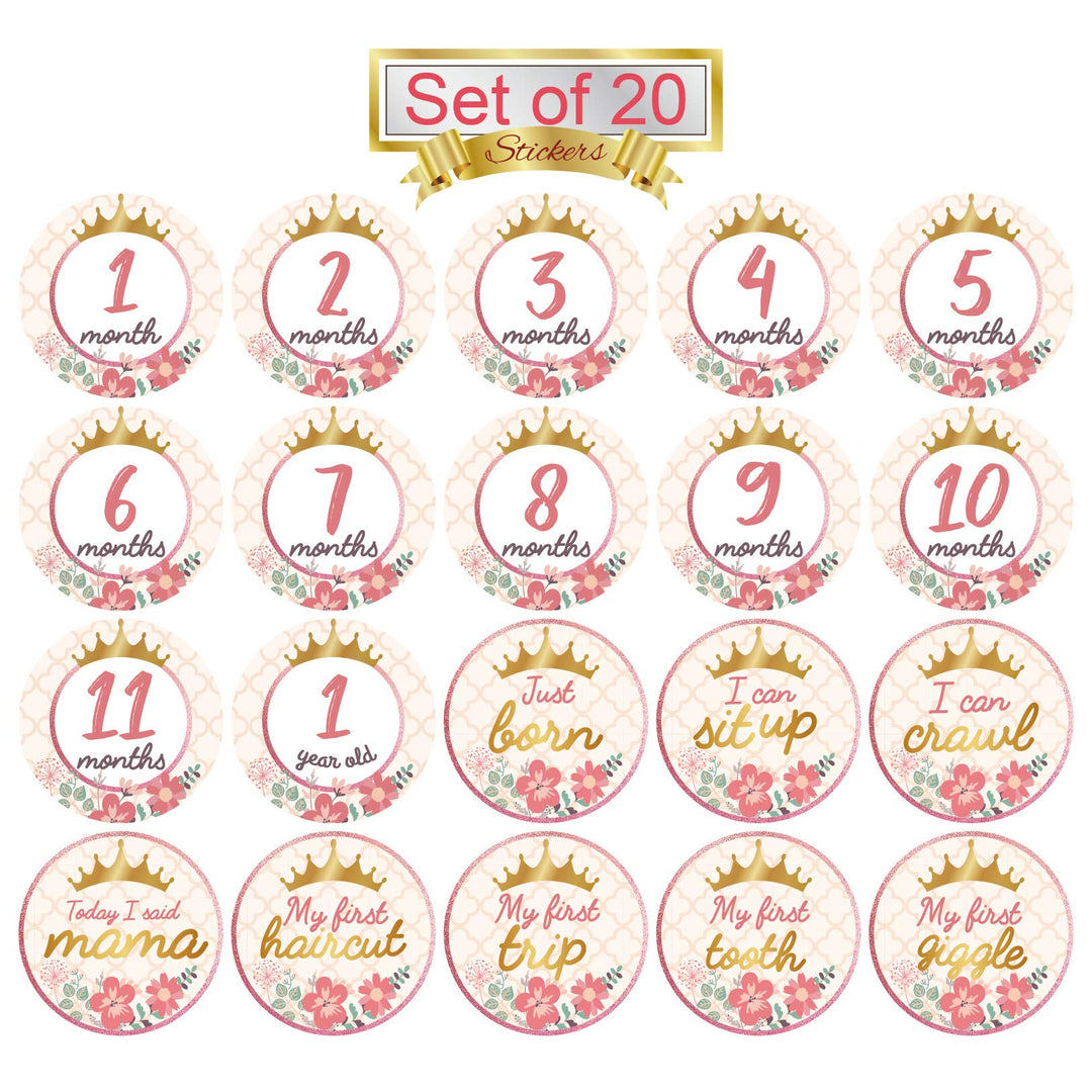 Baby Monthly Milestone Stickers, (Set of 20) Baby Belly Stickers with Crown Rose Gold Flower, Best Baby Shower Registry Gift, Scrapbook Photo Keepsake or Baby Photo Sharing Milestone Sticker.