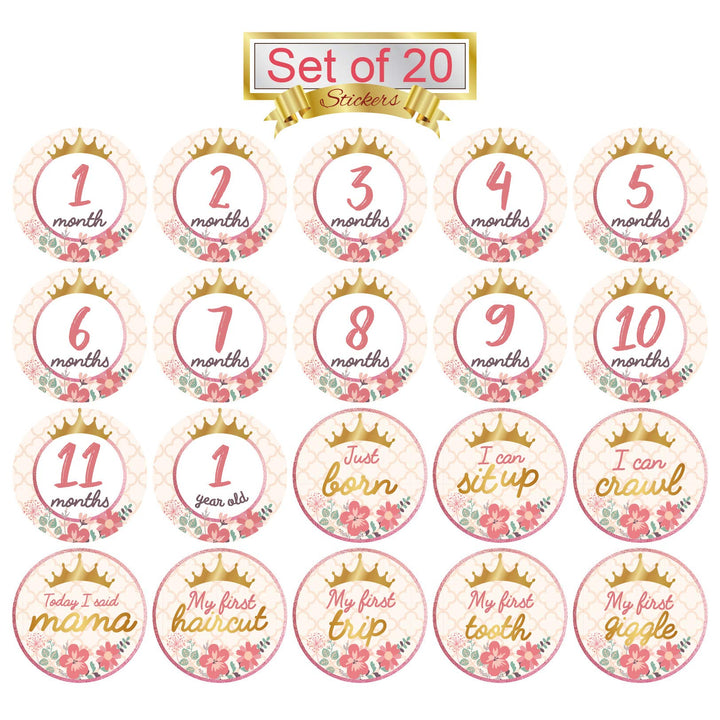 Baby Monthly Milestone Stickers, (Set of 20) Baby Belly Stickers with Crown Rose Gold Flower, Best Baby Shower Registry Gift, Scrapbook Photo Keepsake or Baby Photo Sharing Milestone Sticker.