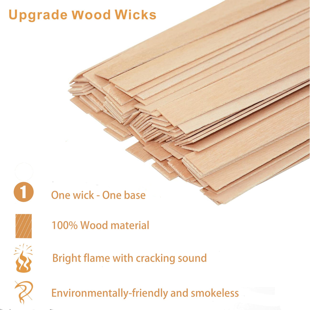 200 Pcs Thickned Wooden Candle Wicks. 5.1 X 0.5 X 0.06 Inch Upgrade Crackling Wooden Wicks, Long Lasting Smokeless Wood Wicks with Iron Standers, Wick Stickers, and Warning Labels- 50 Sets