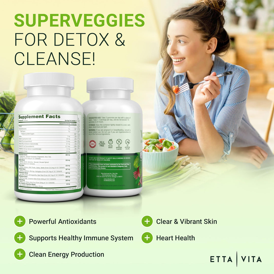 (120 Chews) Fruits and Veggies Supplement - Superfood Fruits and Veggies Gummies (9 Superfruits &amp; 30 Veggies) Mushrooms, Fruit and Vegetable Vitamins, Non-GMO, Pectin-Based, Gluten-Free, No Capsules