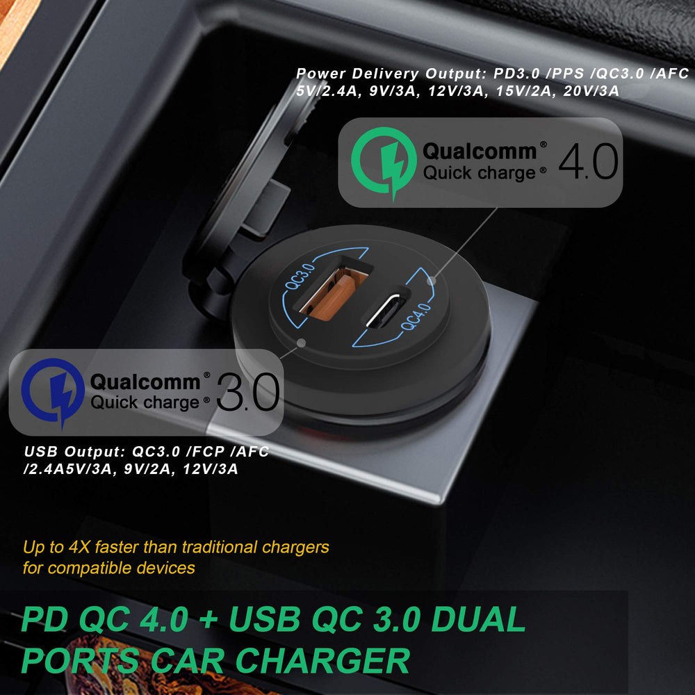 Quick Charge 4.0 PD Type C and Quick Charge 3.0 USB Charger Socket, 12V/24V Car Power Outlet Waterproof Socket with Dual Ports for Marine Boat Motorcycle Golf