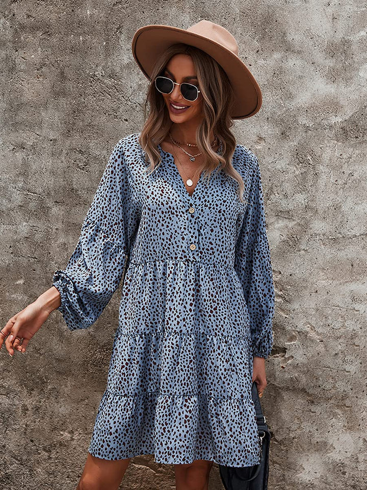 Womens Cute Spring Summer Casual Beach Dress Sexy Deep V Neck Long Sleeve Stylish Leopard Print Empire Waist Flowy Midi Long Skater Dresses for Women Blue Large