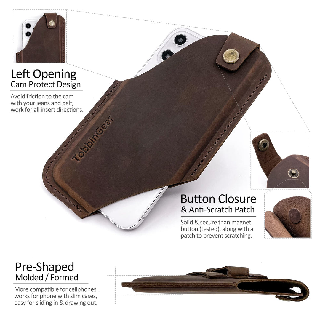 Leather Cell Phone Holster with Belt Clip, Leather Belt Phone Pouch, Universal Leather Phone Case on Belt, Phone Holder for iPhone, Cell Phone Sheath Dark Brown Medium