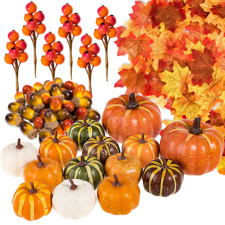 160 Pcs Autumn Artificial Maple Leaves, Harvest Pumpkins, Gourds, Acorns and Orange Berry Stems Set, Fall and Thanksgiving Home Table Decoration Halloween Party Decor
