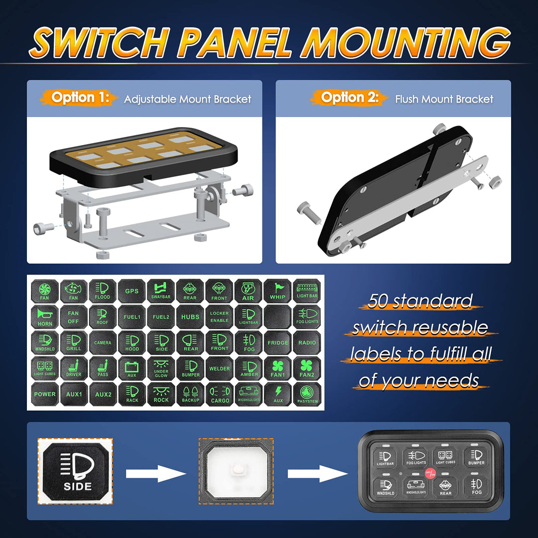 8 Gang Switch Panel, Universal Circuit Control Relay System Switch Box 8 On-Off Switch Pod Touch Control Panel Box with Label Stickers and Harness for Truck Pickup SUV UTV Boat Wrangler