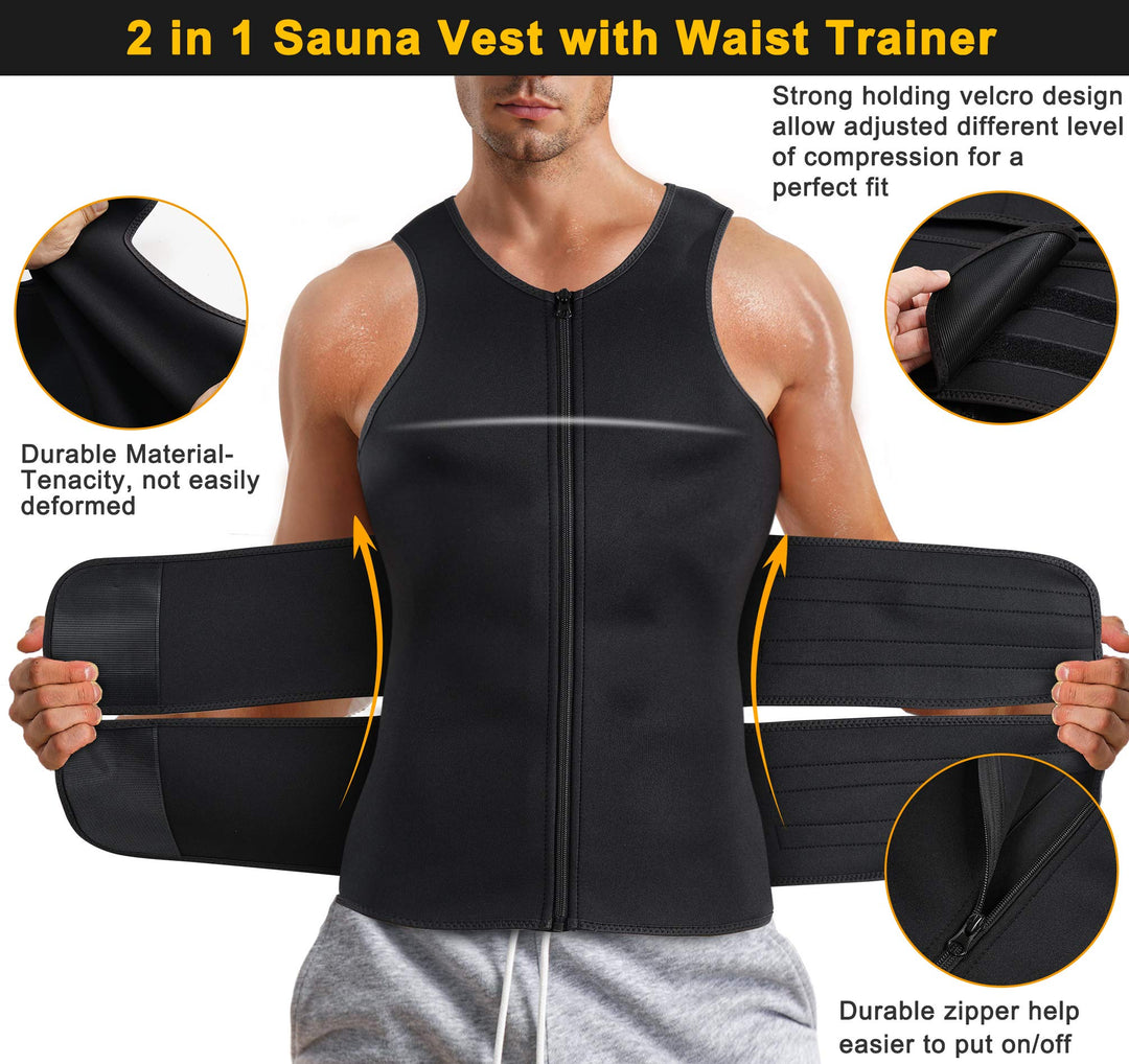 Men Hot Sweat Vest Neoprene Sauna Suit Waist Trainer Zipper Body Shaper with Adjustable Workout Tank Top (Black, Large)