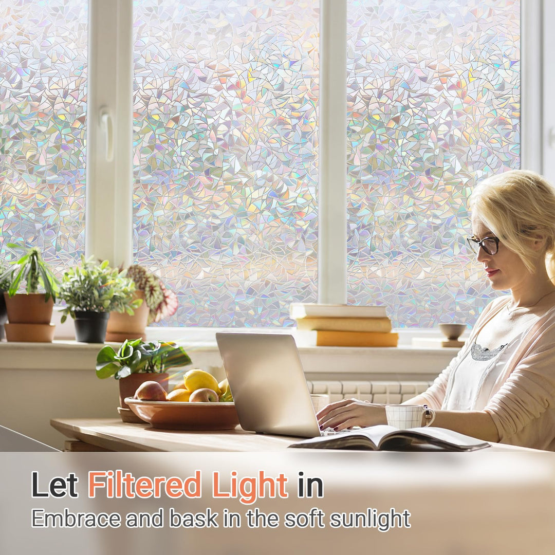 Window Privacy Film, Rainbow Window Film, 3D Decorative Stained Glass Window Cling, Static Cling Non-Adhesive Removable Window Covering, Sun UV Blocking Window Decal for Home 17.5 x 118.1 inches